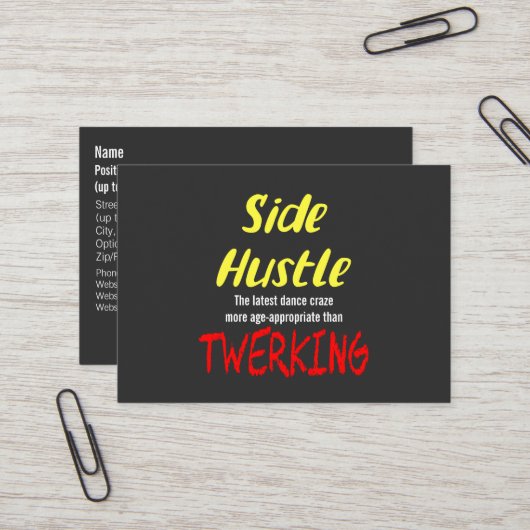 Side Hustle vs. Twerken Neon Yellow Text Visitekaartje (Voorkant / Achterkant in situ)