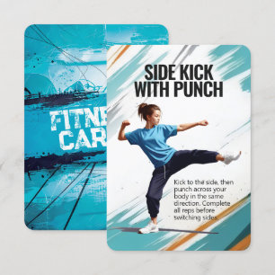 Side Kick Punch Fitness Kaart met Blauwe Achtergro