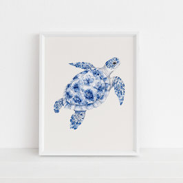 Side Uitzicht Zee Schildpad – Coastal Blue op Beig Poster