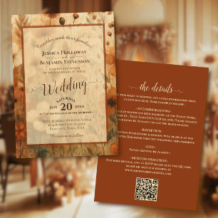 Sienna Boho Bloem Calligrafie & QR Code Trouwen Kaart