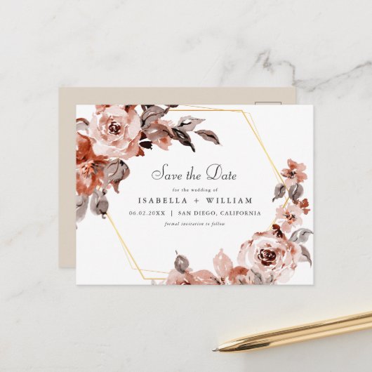 Sienna Floral and Gold Lijst Save the Date Briefkaart (Voorkant / Achterkant in situ)
