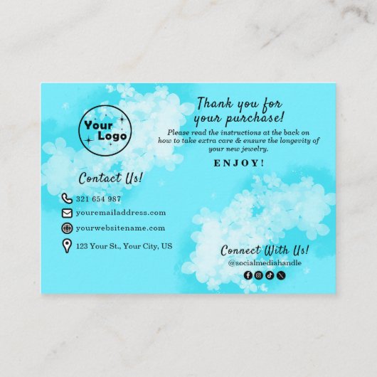 Sieraden Care Guide Modern Schattige Blauw Bloemen Informatiekaartje (Achterkant)