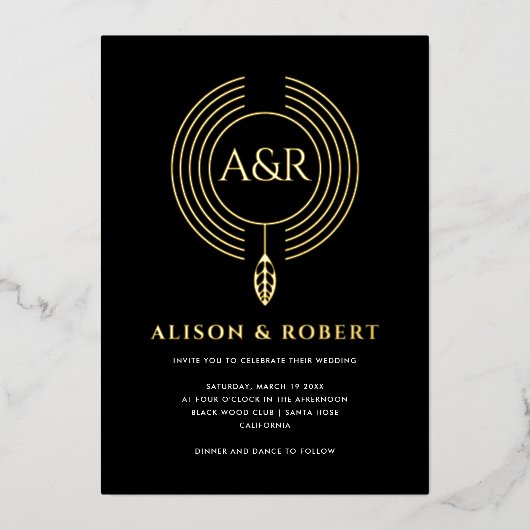 Sieraden geïnspireerd lijst, blad en initialen bru folie uitnodiging (Voorkant)