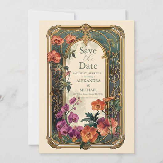 sierbloemen art nouveau bruiloft save the date (Voorkant)