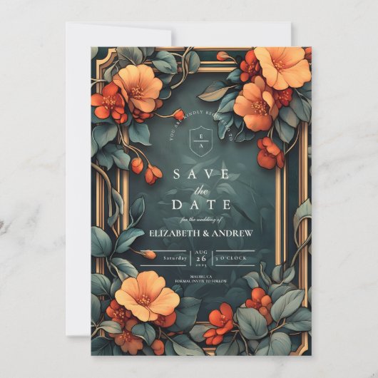 Sierbloemen bruiloft Art Nouveau Save The Date (Voorkant)