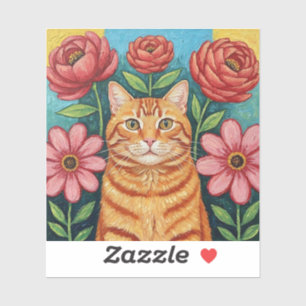 Sierbloemen in volkskeunststijl met oranje kat sticker