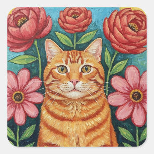 Sierbloemen in volkskunststijl met oranje kat vierkante sticker