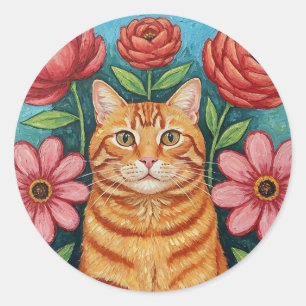 Sierbloemen in volksstijl met oranje kat ronde sticker