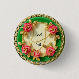 Siergroene randplaat met roze roos ronde button 3,2 cm