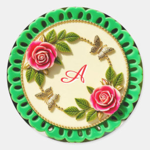 Siergroene randplaat met roze roos ronde sticker