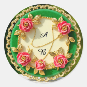 Siergroene randplaat met roze roos ronde sticker