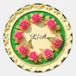 Siergroene randplaat met roze roos ronde sticker