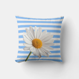 Sierkussen Blue en White Stripe White Daisy
