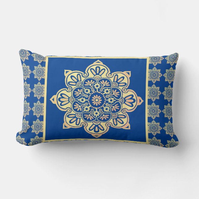 Sierkussen Boho Medallion, goud op blauw Kussen (Voorkant)