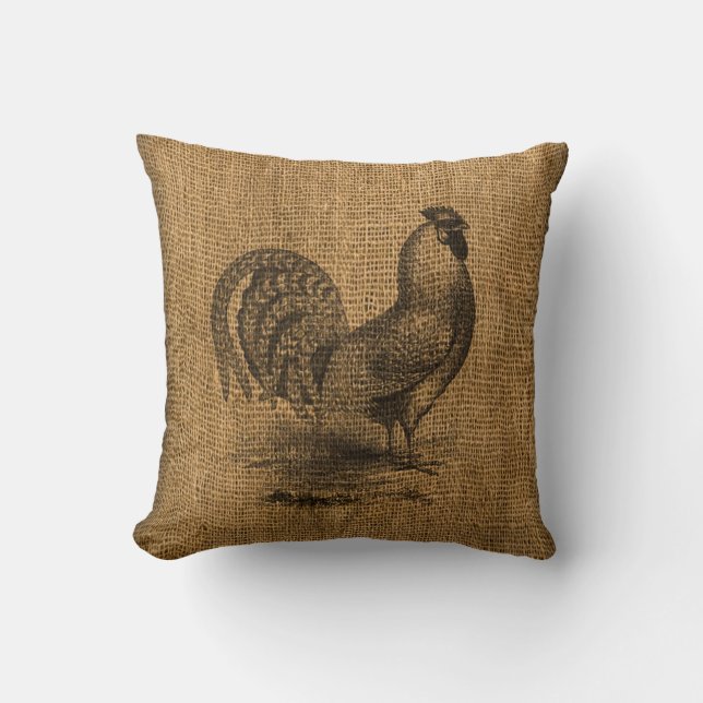 Sierkussen Faux Burlap met Rooster Afbeelding (Voorkant)