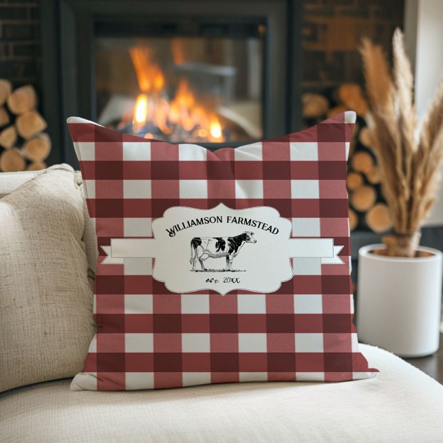 Sierkussen rode buffelplaat Boerderij Koe (Red Buffalo Plaid Farm Cow Throw Pillow)