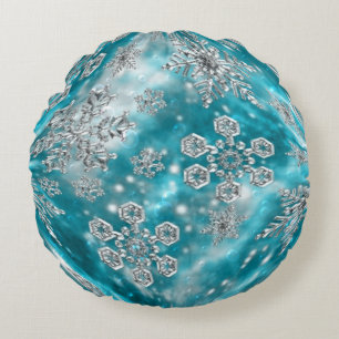 Sierkussen van Frosty Blue Snowflake Bubble Rond Kussen