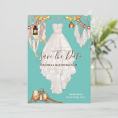 Sierlicht veer boho macrame jurk turkoois blauw save the date (Staand voorkant)