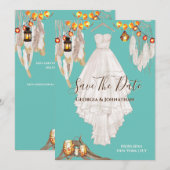 Sierlicht veer boho macrame jurk turkoois blauw save the date (Voorkant / Achterkant)