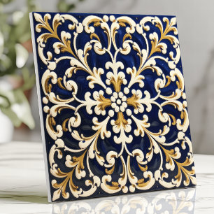 Sierlijk blauw en goud scrollwerk tegeltje