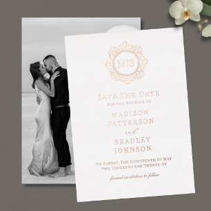 Sierlijk Bloemig Monogram Foto Huwelijk Save The D Folie Uitnodiging