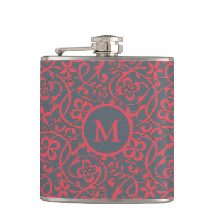 Sierlijk Bloemmotief in Roze en Grijs Monogram Heupfles