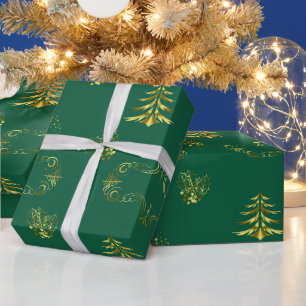 Sierlijk Goud en Groen Kerstmis Cadeaupapier