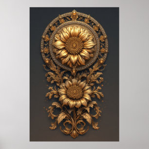 Sierlijk gouden frame met grote metalen bloemenmed poster