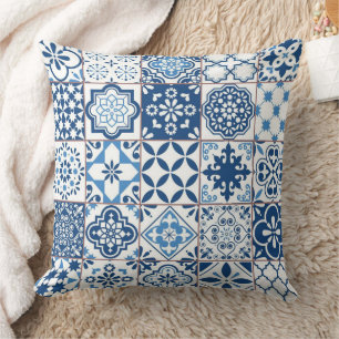 Sierlijk mediterraan indigo blauw azulejo mozaïek kussen