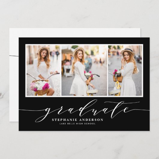 sierlijk script drie foto zwart afstudeerfeest kaart (Voorkant / Achterkant)