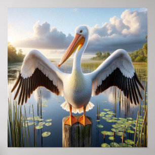 Sierlijke Amerikaanse witte pelikaan in serene wet Poster