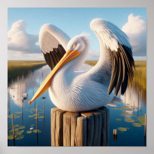 Sierlijke Amerikaanse witte pelikaan in serene wet Poster