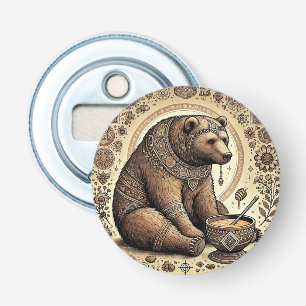 Sierlijke beer omringd door mandala en honing button flesopener