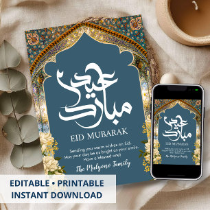 Sierlijke Blauwe Perzische Mozaïek Boog Eid Mubara Feestdagenkaart