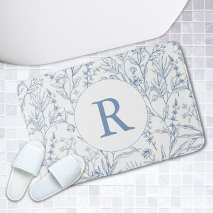 Sierlijke Blauwe & Witte Bloemen Monogram Badmat