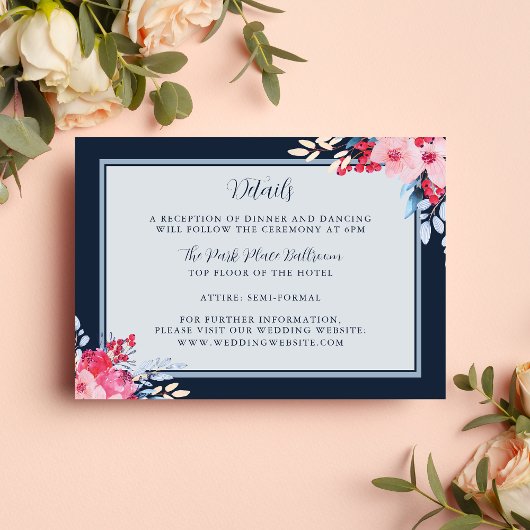 Sierlijke Bloemen Roze en Dusty Blue Wedding Informatiekaartje