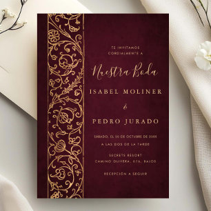 Sierlijke Bloemrijke Goud Bourgondië Nuestra Boda  Kaart