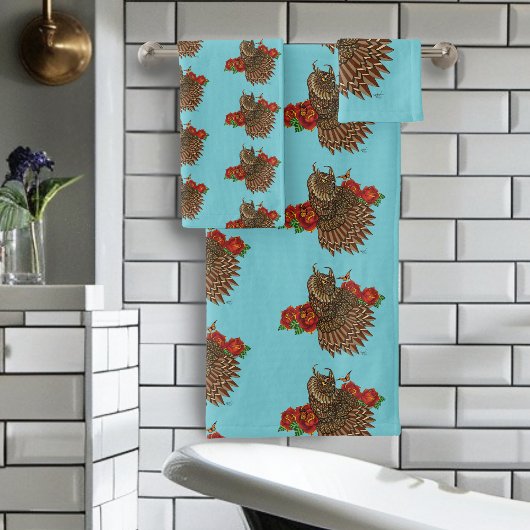 Sierlijke bruine decoratieve uil rode rozen blauw bad handdoek