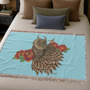 Sierlijke bruine decoratieve uil rode rozen blauw deken