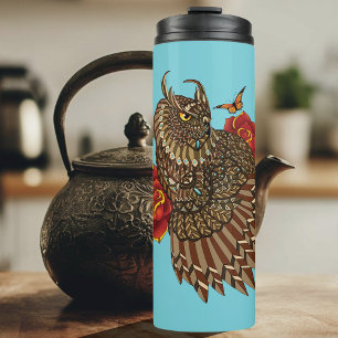 Sierlijke bruine decoratieve uil rode rozen blauw thermosbeker