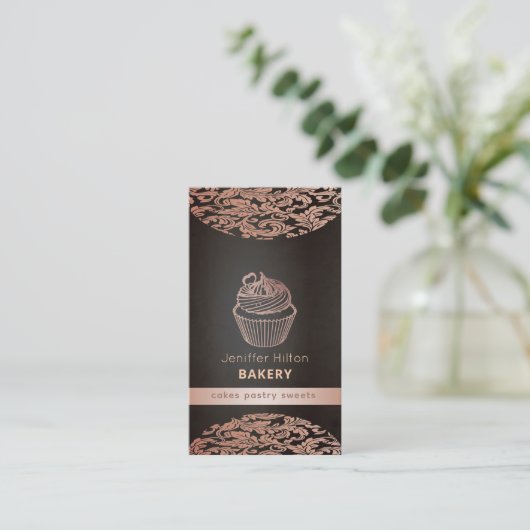 sierlijke cupcake damask bakkerij QR code Visitekaartje (Staand voorkant)