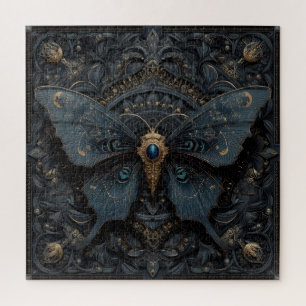 Sierlijke donkerblauwe vlinder met gouden filigraa legpuzzel