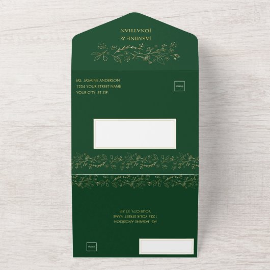 Sierlijke gouden bloemslingers op donkergroene wed all in one uitnodiging (Buitenkant)