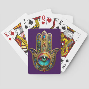 Sierlijke Gouden Kleurrijke Hamsa Groen op Rode De Pokerkaarten