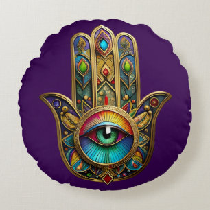 Sierlijke Gouden Kleurrijke Hamsa Groen op Rode De Rond Kussen