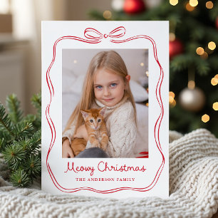 Sierlijke Handgetekende Rode Strik Meowy Kerst Fot Feestdagenkaart