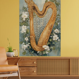 sierlijke harp omringd door witte bloemen poster
