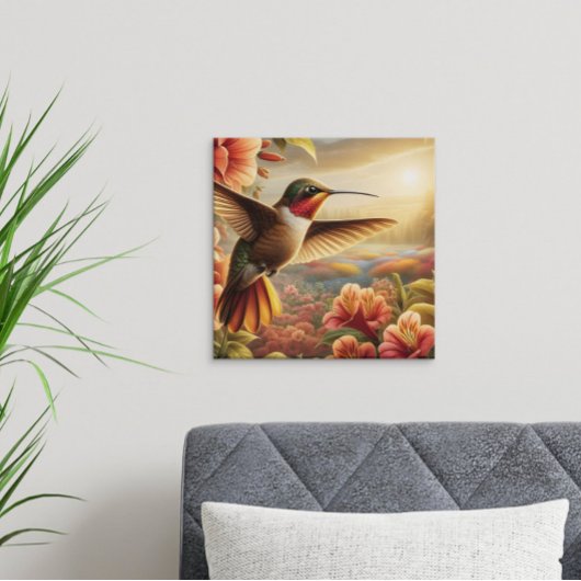 Sierlijke kolibrie zweeft boven bloeiende bloem poster