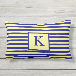 Sierlijke Navy Blauwe Gele Monogrammen Strepen Cut Buitenkussen