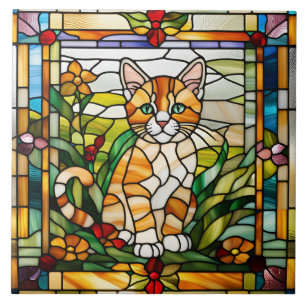 Sierlijke oranje tabby glas-in-lood decoratieve te tegeltje
